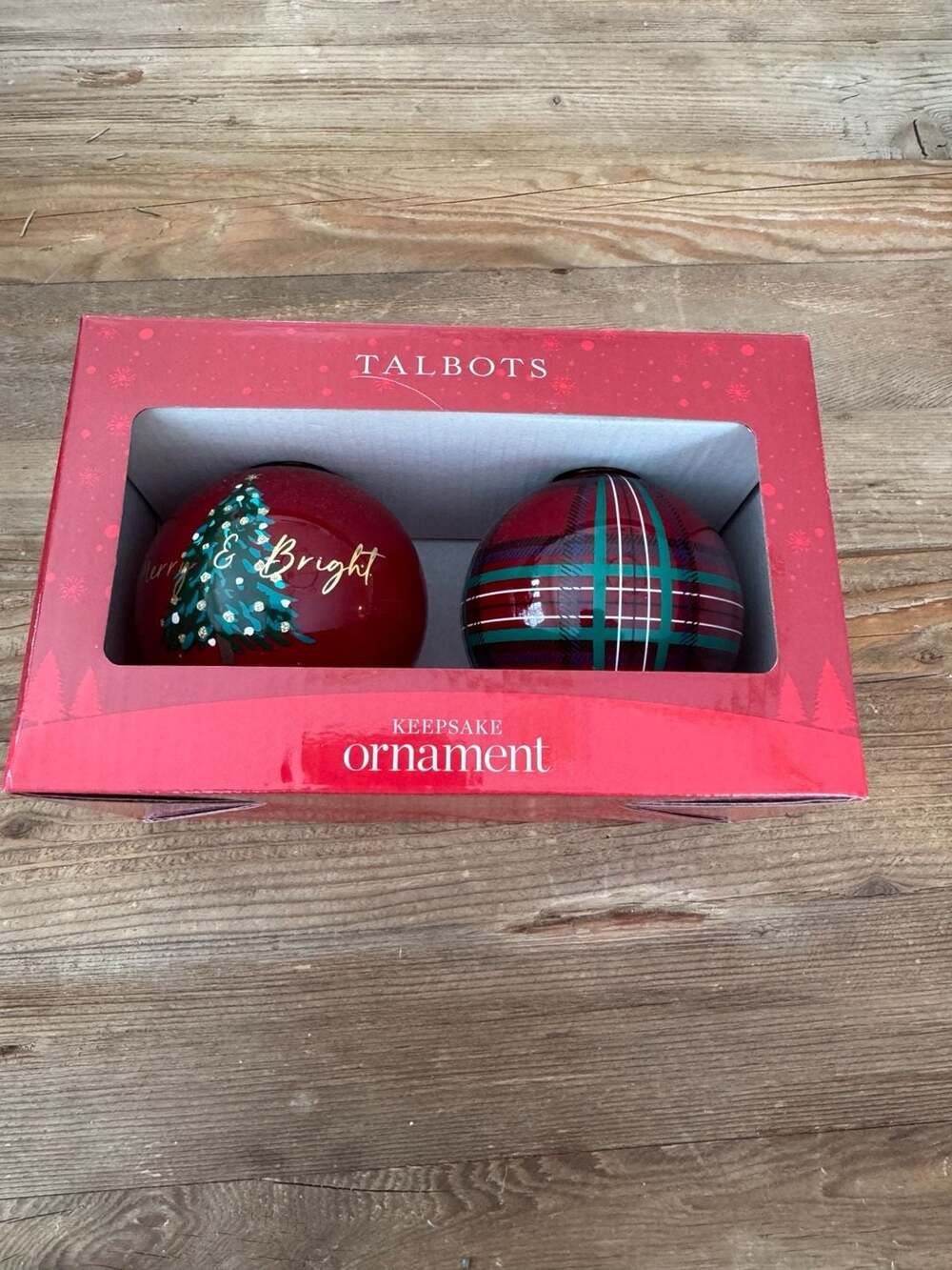 Talbots Holly Jolly Keepsake Ornament Set of 2 Red Plaid and Merry & Bright